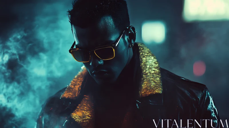 Neon-soaked loner in yellow shades amid cyberpunk haze.