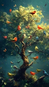 Colorful songbirds distributed across dense forest tree.