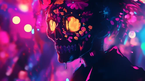 Neon blossoms ignite a spectral skull in carnival twilight