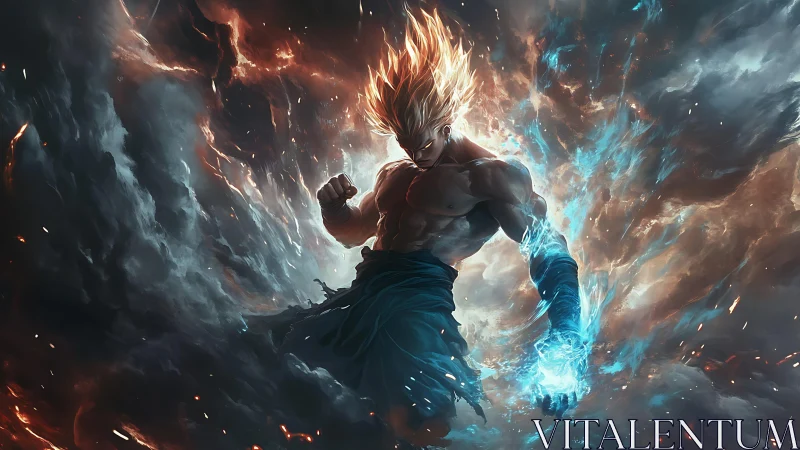 Starlit brawler ignites a storm of blue-fire fury mid-sky.