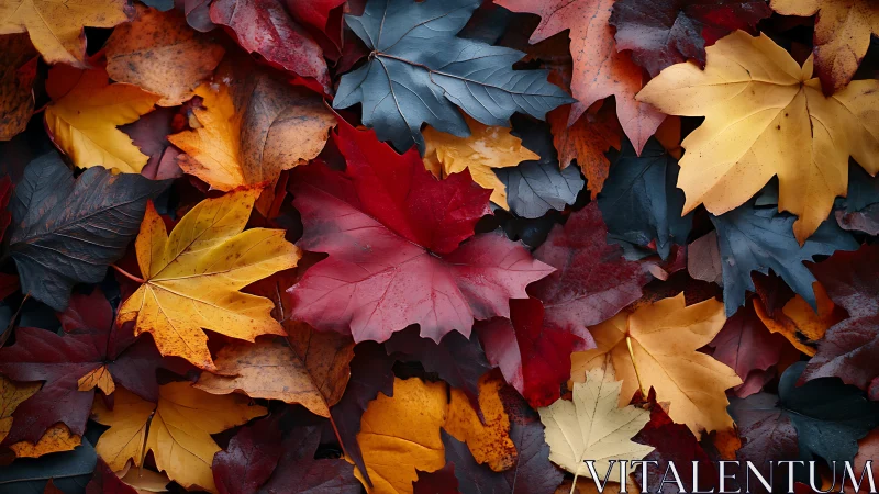 Layered autumn maple leaves in vivid complementary hues.