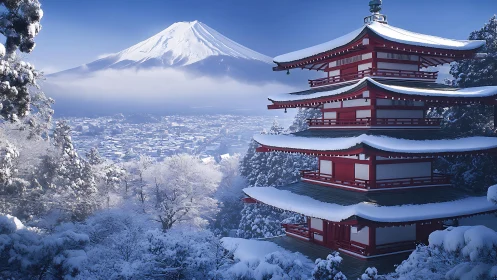 Photorealistic winter pagoda with Mt. Fuji axial landscape framing.