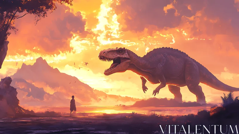 Human faces towering dinosaur under blazing sunset sky