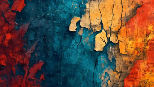 Abstract Cracked Wall Texture with Bold Red, Blue, and Yellow Hues.