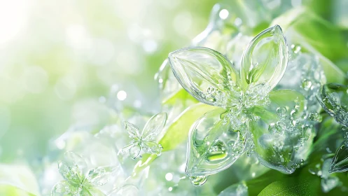 Glass petal flowers on fresh green background. Period.