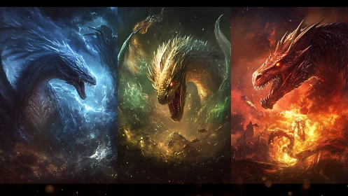 Elemental dragon guardians poised between storm, earth, fire.