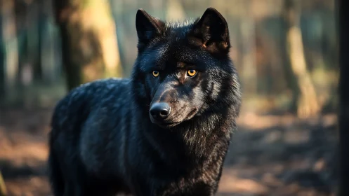 Photorealistic black wolf portrait in shallow-depth woodland frame.