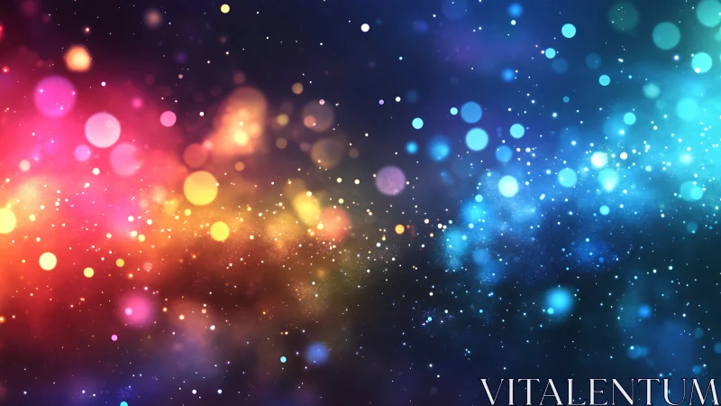 Colorful bokeh galaxy with glowing particles on dark space.