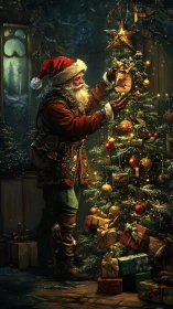 Santa decorates illuminated Christmas tree with gifts