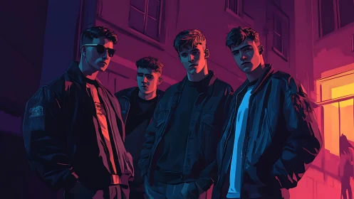 Neon alley quartet in stylized digital night portraiture.