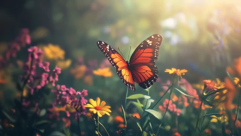 Monarch butterfly hovers over mixed wildflowers in soft light