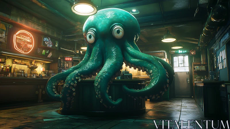 Giant teal octopus dominates industrial neon-lit bar interior.