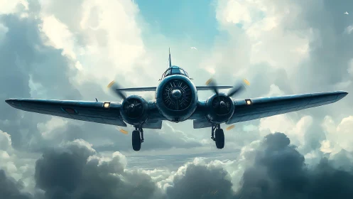 Twin‑engine WWII aircraft advances through dense cumulonimbus cloudscape