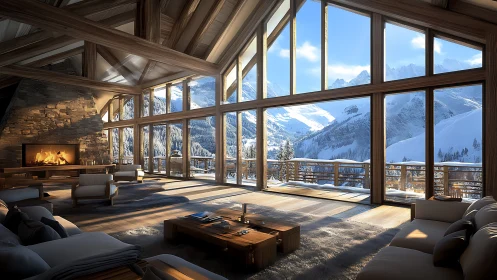 Sunlit alpine chalet lounge embracing vast winter peaks.