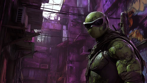 Armored mutant sentinel patrols neon-scarred urban alley