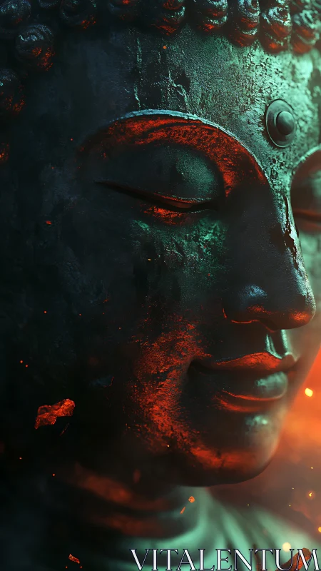 Buddha statue glows in ethereal green and ember light.