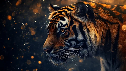 Embers drift while the tiger patrols a glittering midnight