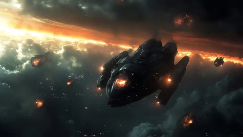Stormline gunship cruising a burning orbital battlefield.
