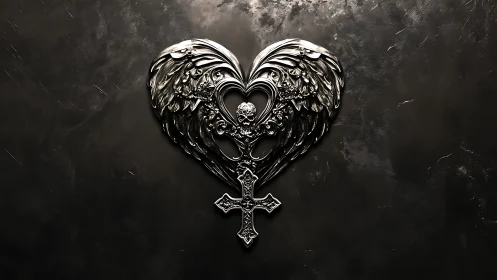 Baroque metallic winged heart and cross on textured ground.