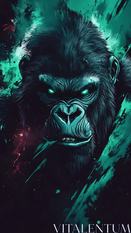 Neon-lit gorilla portrait with teal splatter energy glow.