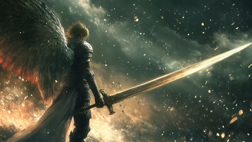 Winged warrior holding glowing sword in stormy sky.