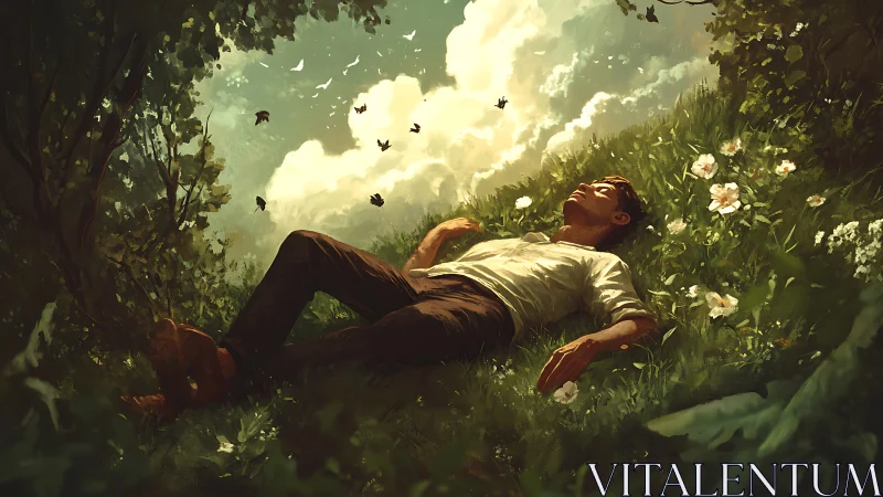 Sunlit dreamer resting in lush meadow under glowing sky.