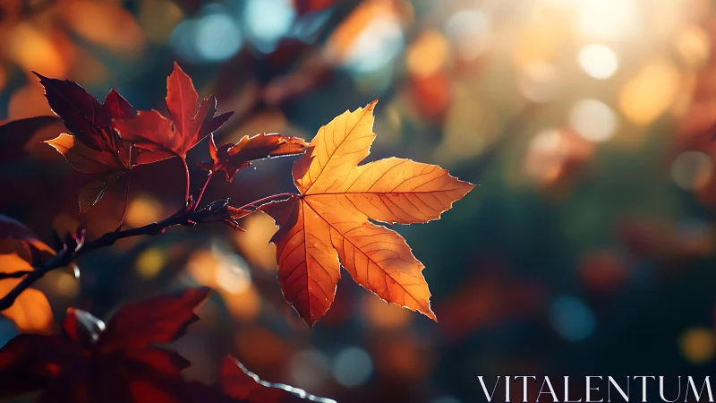 Sunlit maple leaf in soft autumn bokeh glow.