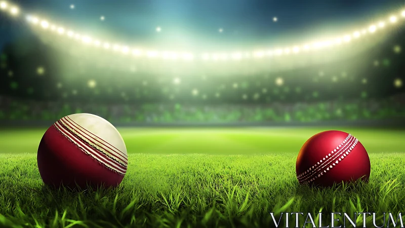 Cricket balls under stadium floodlights on vivid green turf.