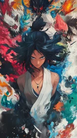 Central figure with surrounding beast forms is rendered in color