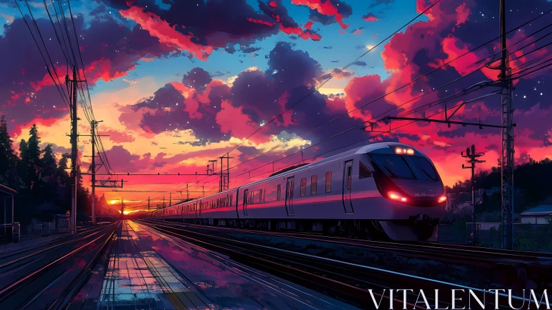 Sunset express train under vivid neon sky at station.