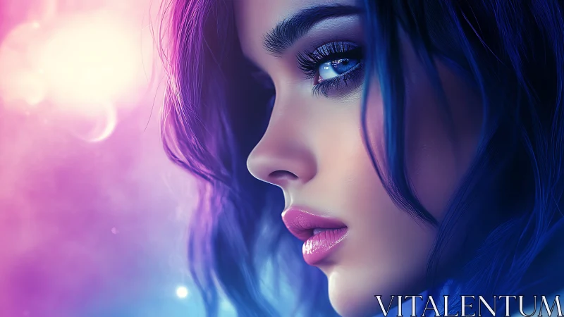 Neon-lit digital portrait of blue-haired woman in profile.