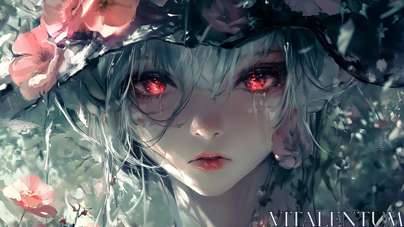 Girl with glowing red eyes stares forward amid foliage