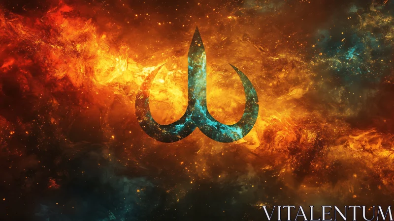 Fiery nebula backdrop with central teal abstract emblem.
