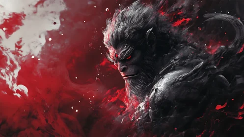 Demonic ape warrior with glowing red eyes in red smoke