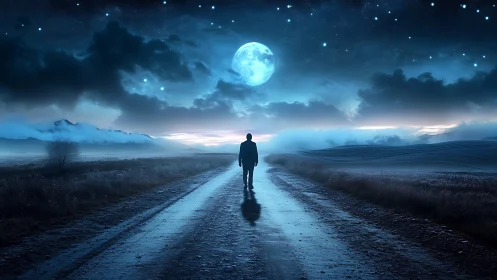 Solitary figure walking moonlit road under starry sky.
