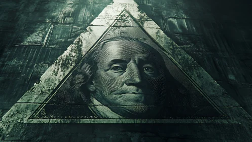 Weathered money portrait rests inside a glowing stone triangle