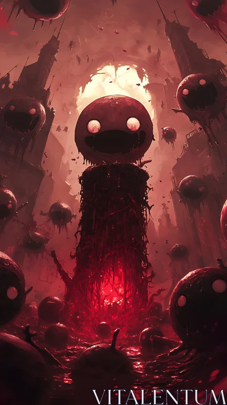 Grotesque smiling orbs rising over bloodlit nightmare city.