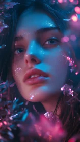 Neon-lit close-up portrait with iridescent bokeh accents.