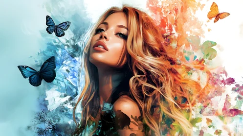 Radiant blonde portrait with abstract butterflies and color fields.