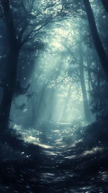 Luminous Forest Passage: Atmospheric Light Through Woodland Canopy.