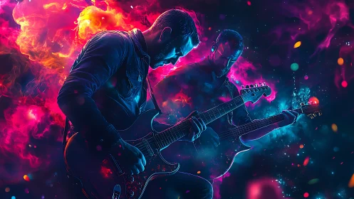 Electric guitar duo framed by vivid neon smoke clouds.