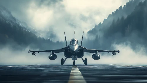 Stealth fighter jet waits on misty runway amid mountain fog