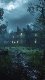 Rain-soaked manor under moonlit sky creates cinematic dread