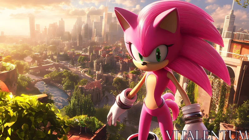 Pink hedgehog sentinel above sunlit eco-futurist cityscape.