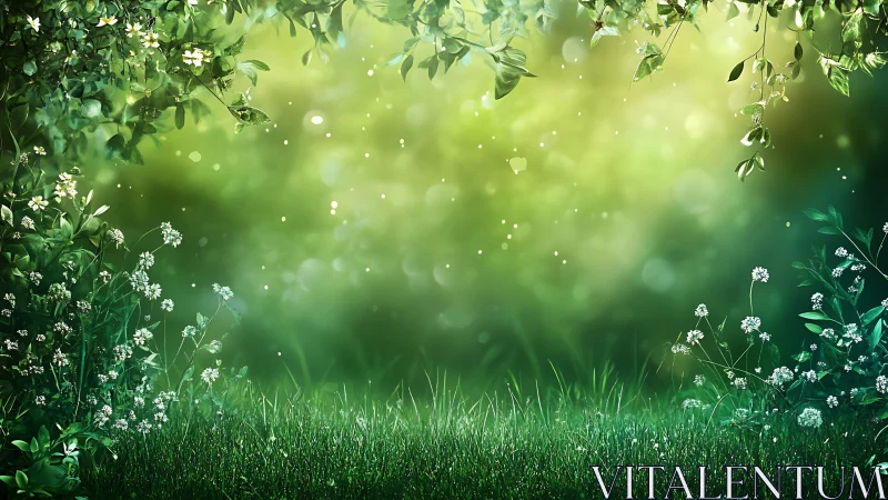 Enchanted Meadow with Lush Greenery and Blossoming Wildflowers.