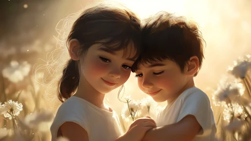 Two children with closed eyes among backlit dandelions in golden hour rendering.