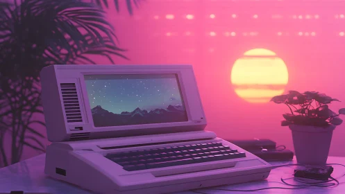 Retro computer on desk against neon sunset backdrop.