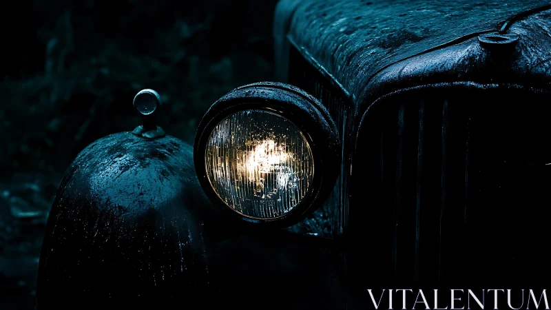 Vintage car headlight glows through rain-soaked darkness.
