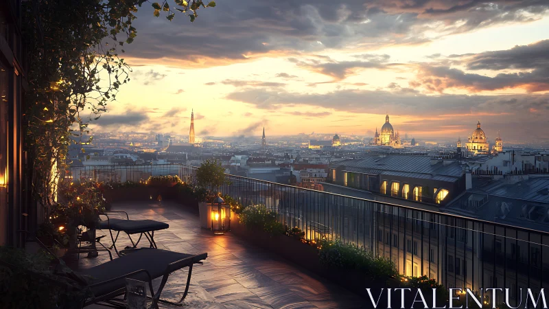 Rooftop terrace overlooks illuminated city skyline at dusk