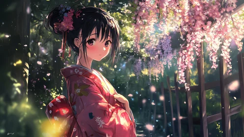 Girl in floral kimono under pink cherry blossoms outdoors.